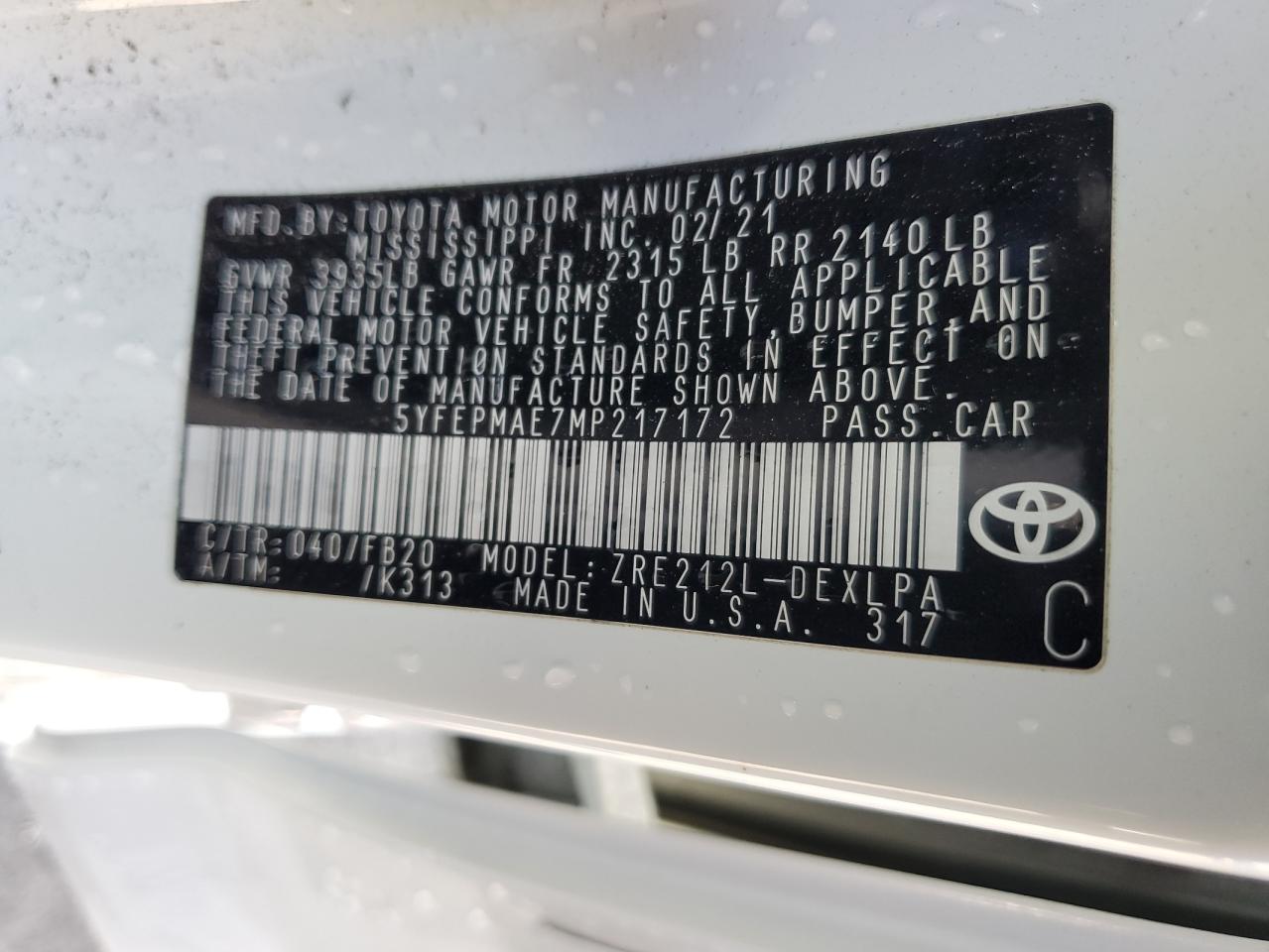 2021 Toyota Corolla Le vin: 5YFEPMAE7MP217172