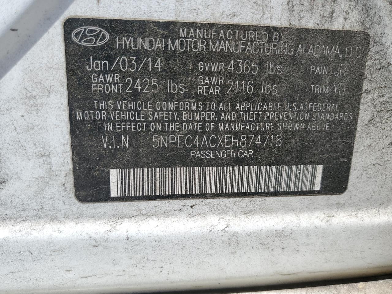 5NPEC4ACXEH874718 2014 Hyundai Sonata Se