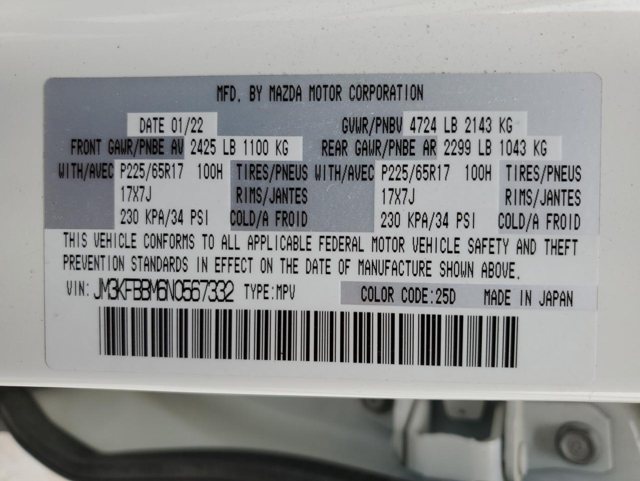 JM3KFBBM6N0567332 2022 Mazda Cx-5 Select