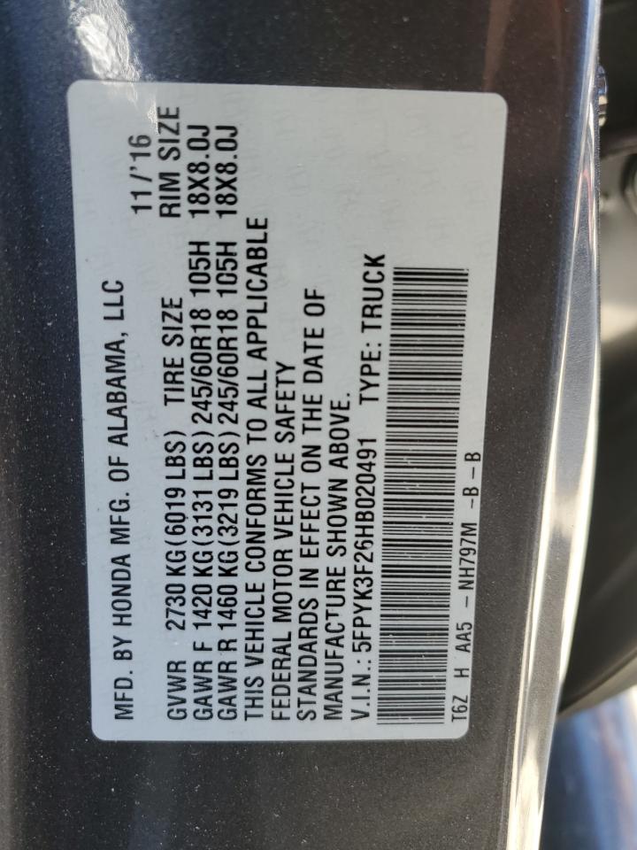 5FPYK3F26HB020491 HONDA RIDGELINE 2017