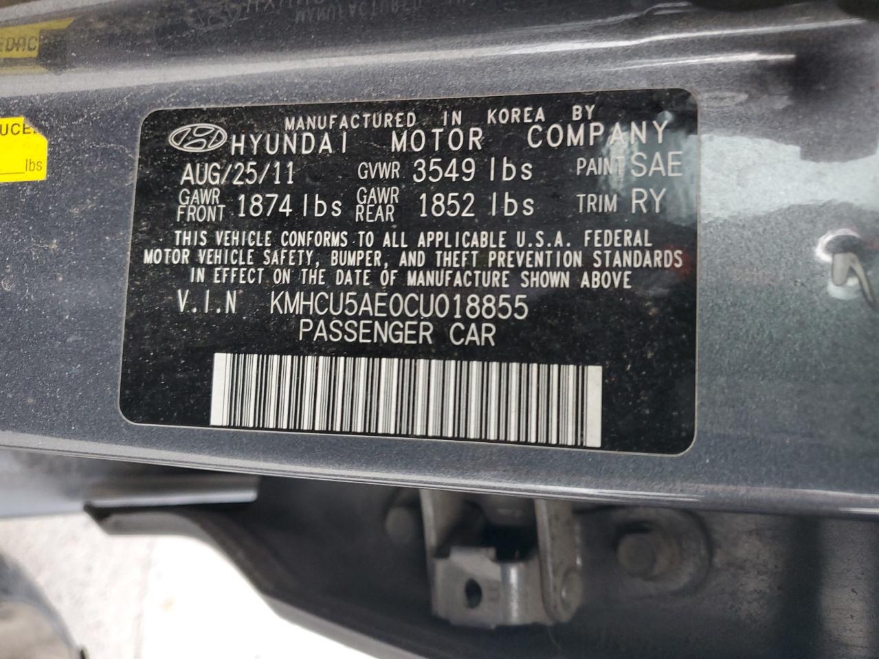 KMHCU5AE0CU018855 2012 Hyundai Accent Gls