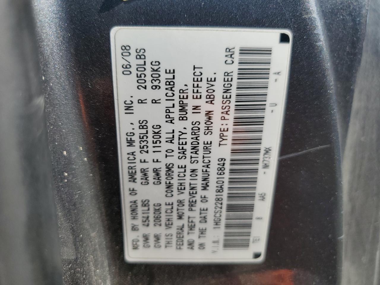 1HGCS22818A016849 2008 Honda Accord Exl