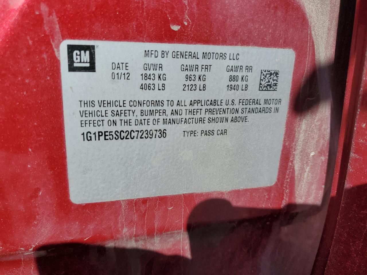 1G1PE5SC2C7239736 2012 Chevrolet Cruze Lt