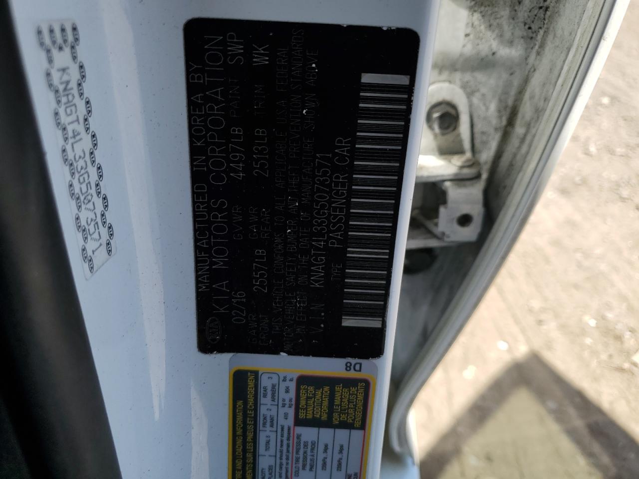 KNAGT4L33G5073571 2016 Kia Optima Lx