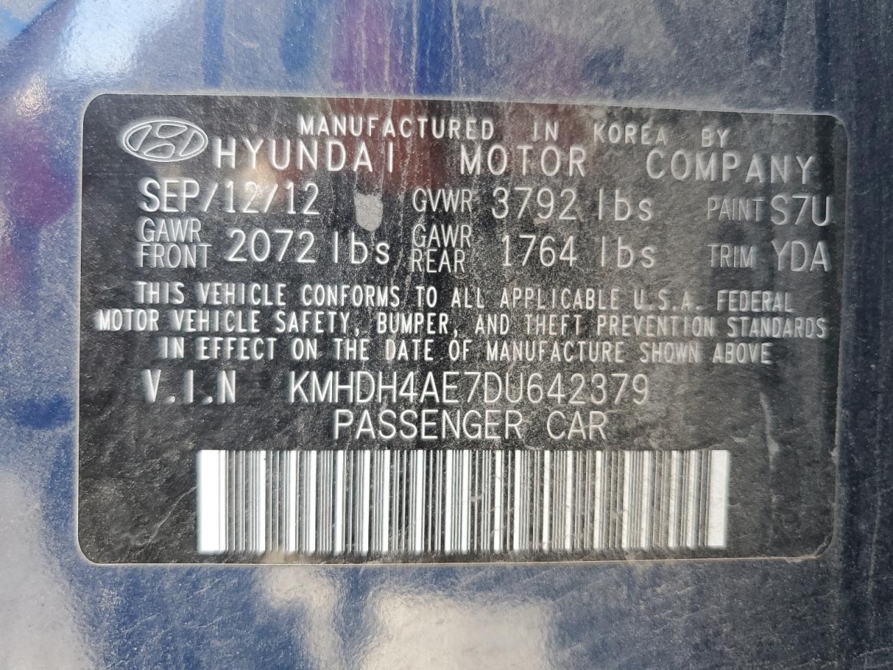 KMHDH4AE7DU642379 2013 Hyundai Elantra Gls