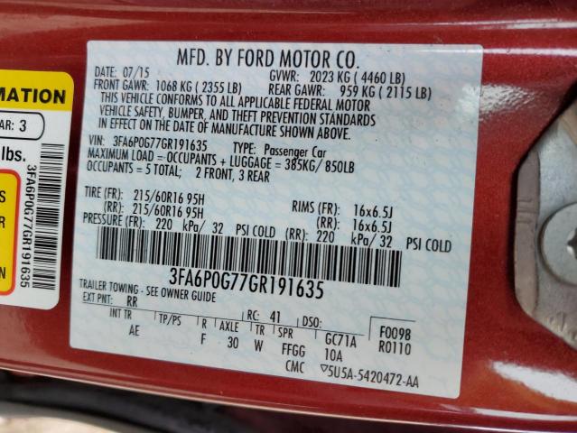 2016 Ford Fusion S VIN: 3FA6P0G77GR191635 Lot: 51199454