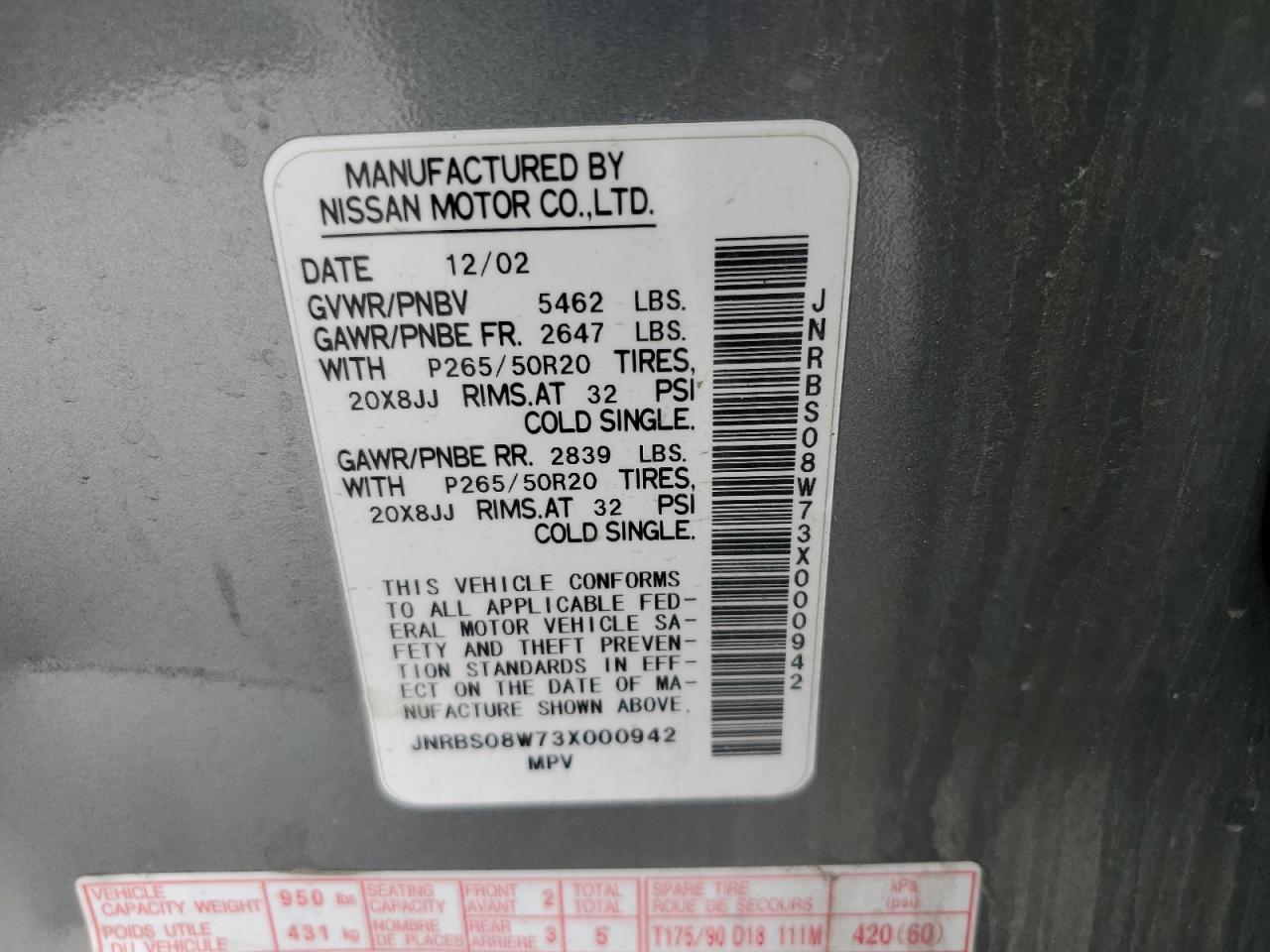 JNRBS08W73X000942 2003 Infiniti Fx45