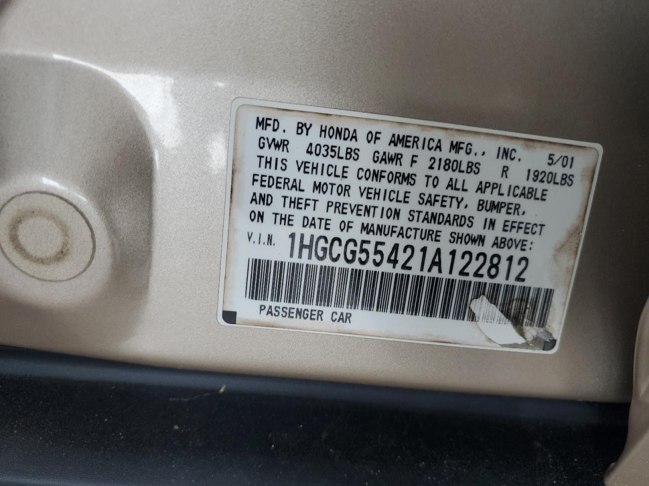 1HGCG55421A122812 2001 Honda Accord Lx