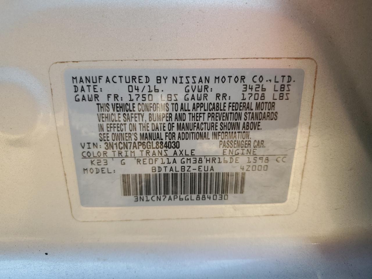 3N1CN7AP6GL884030 NISSAN VERSA 2016