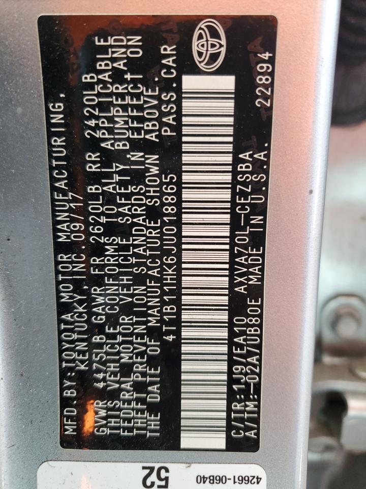 4T1B11HK6JU018865 TOYOTA CAMRY 2018