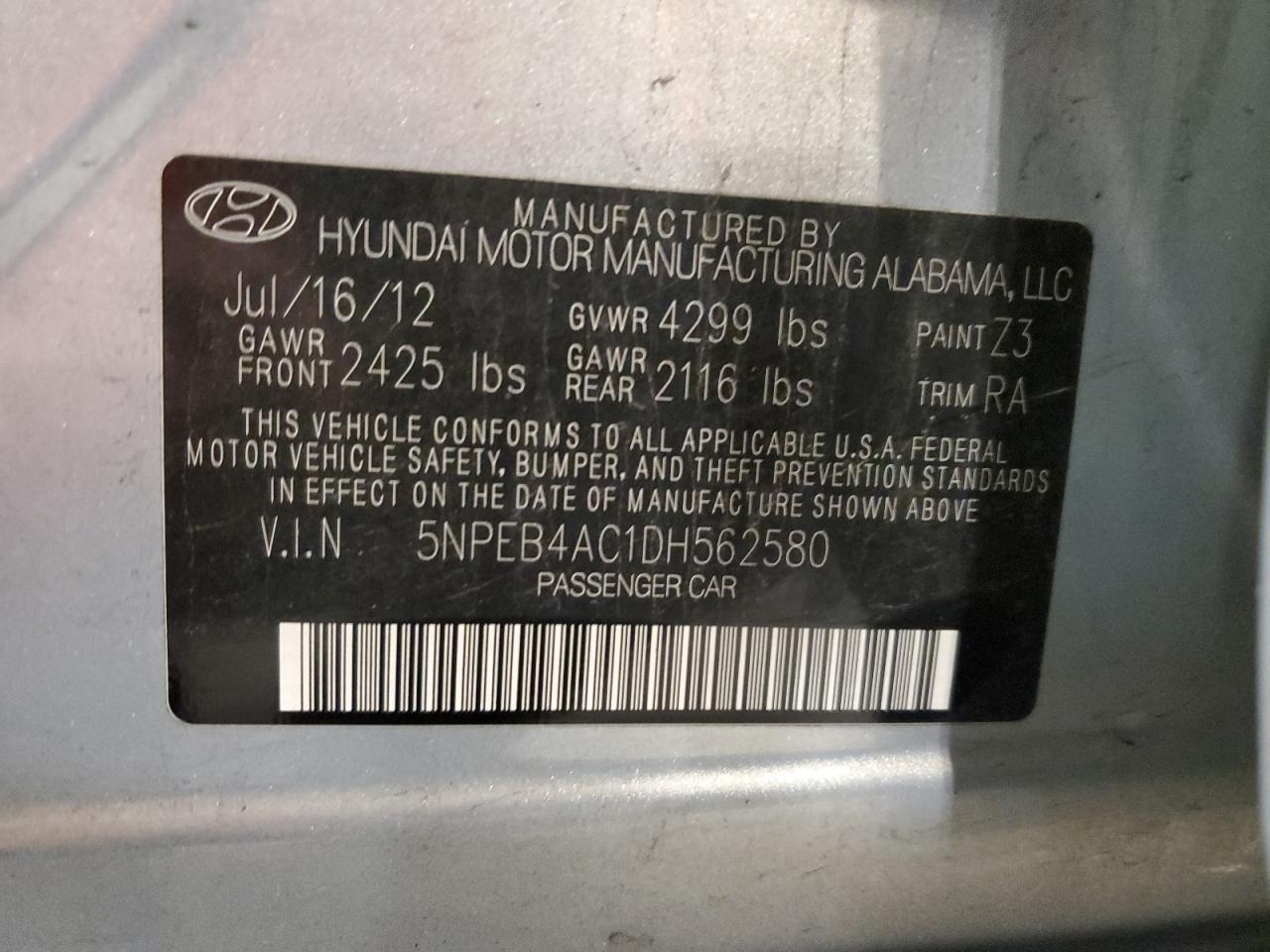 5NPEB4AC1DH562580 2013 Hyundai Sonata Gls