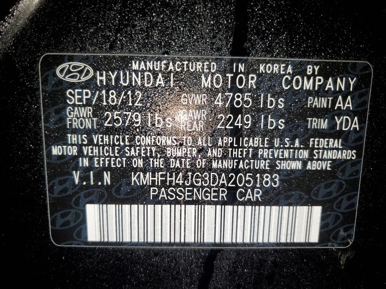 KMHFH4JG3DA205183 2013 Hyundai Azera Gls