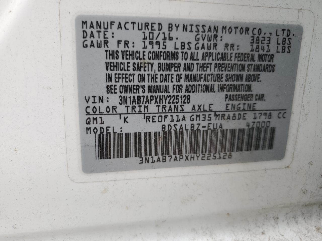 2017 Nissan Sentra S vin: 3N1AB7APXHY225128