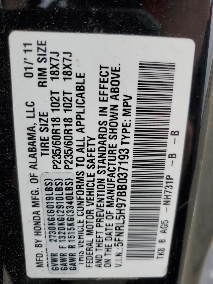 5FNRL5H97BB037193 2011 Honda Odyssey Touring