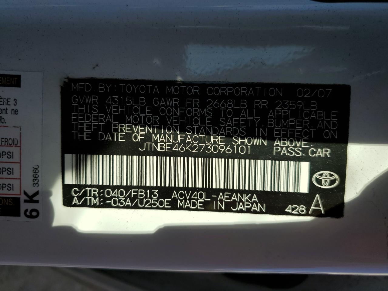 JTNBE46K273096101 2007 Toyota Camry Ce