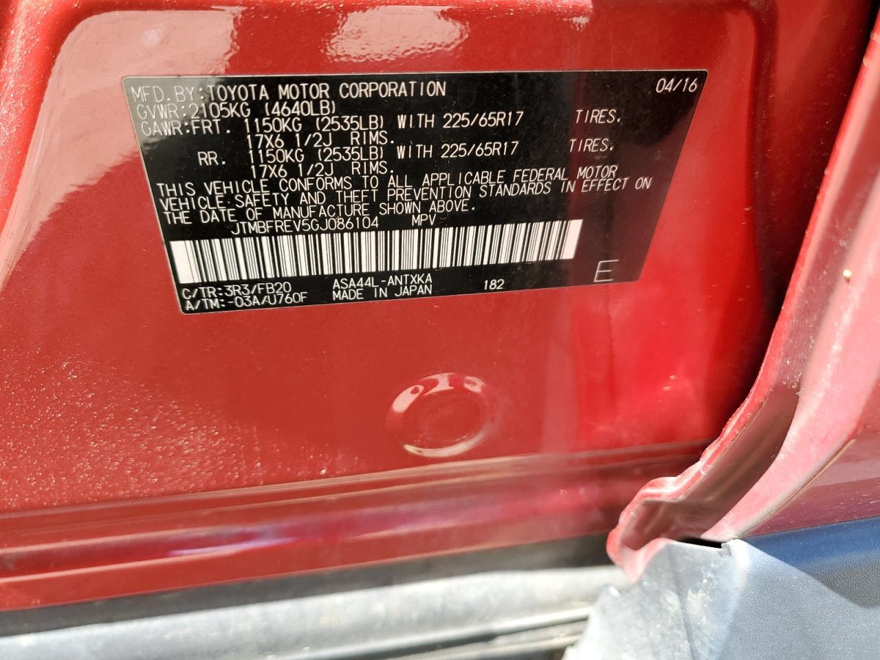 JTMBFREV5GJ086104 TOYOTA RAV4 2016
