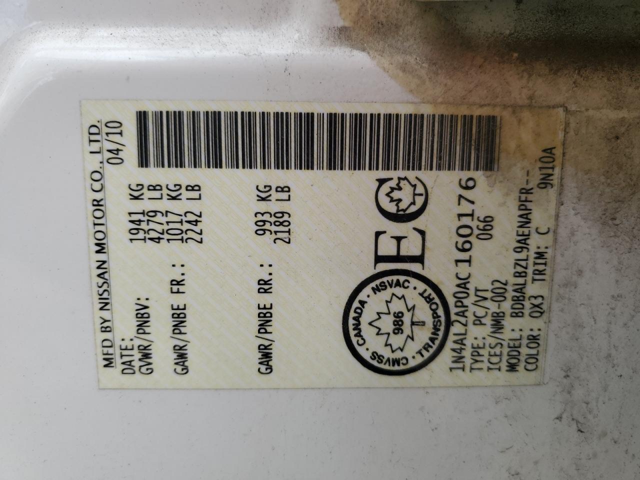 1N4AL2AP0AC160176 2010 Nissan Altima Base