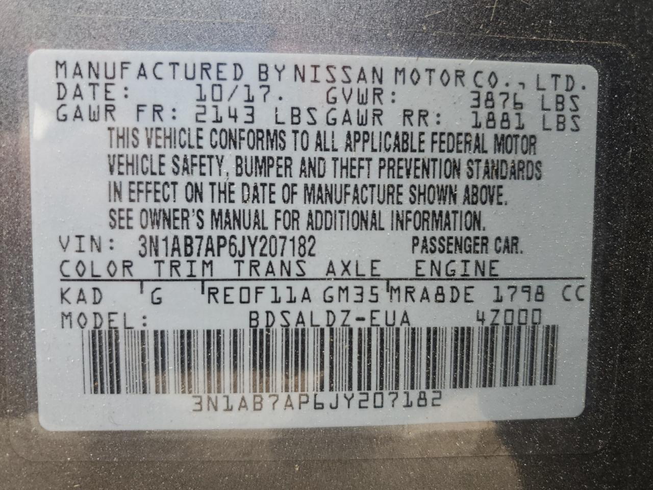 3N1AB7AP6JY207182 NISSAN SENTRA 2018