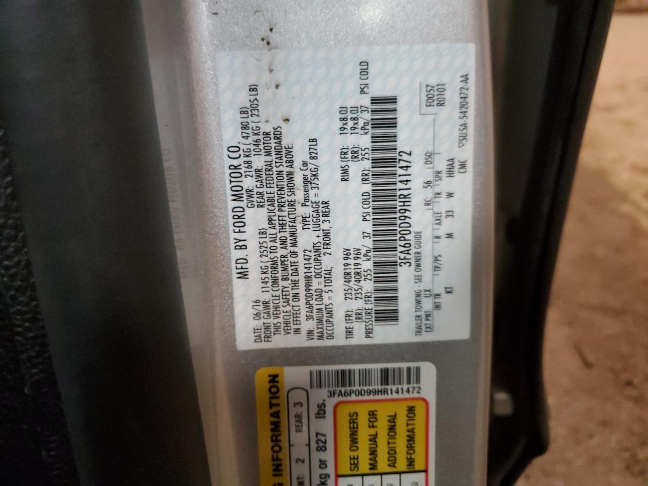 3FA6P0D99HR141472 FORD FUSION 2017