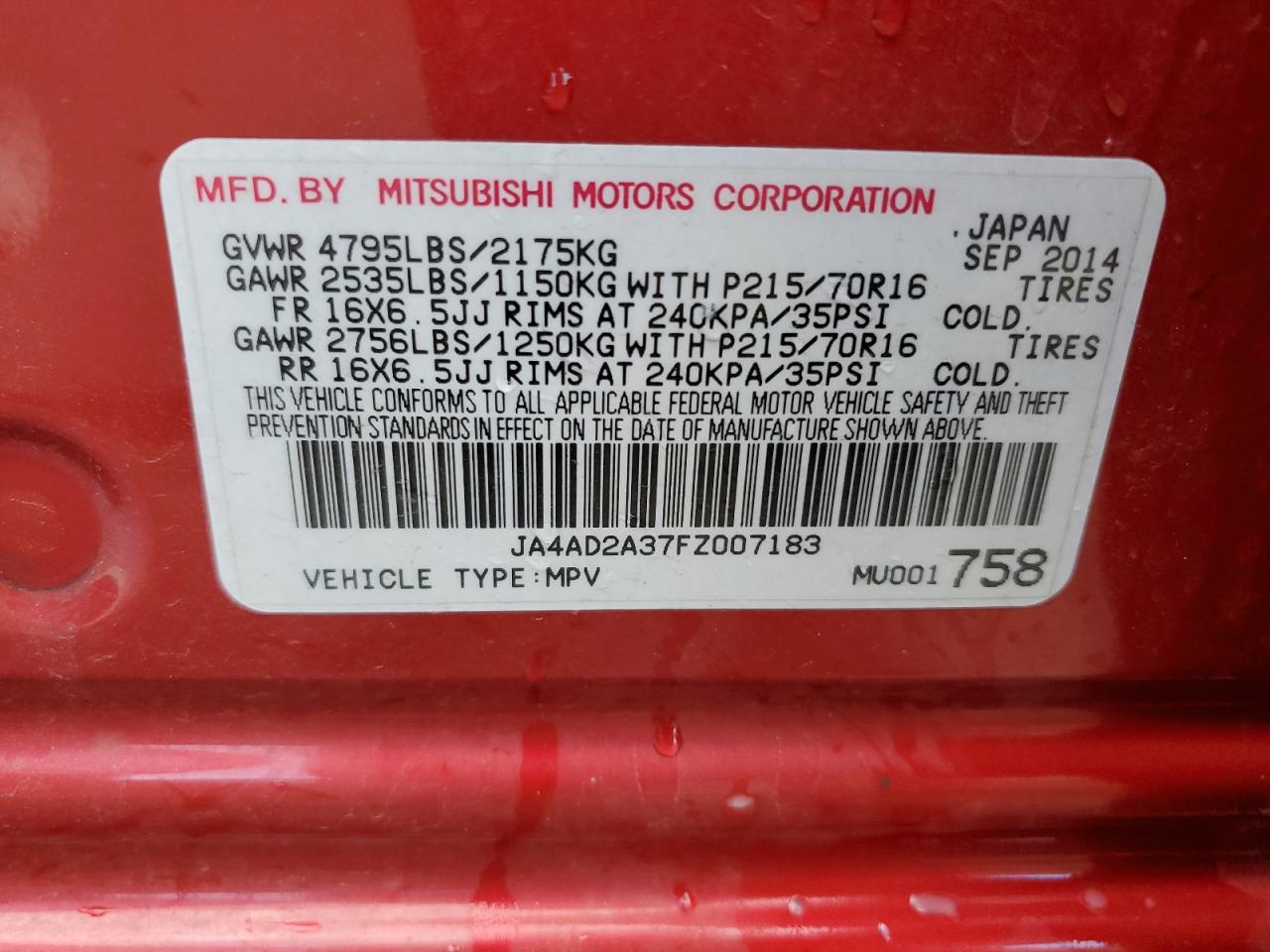 JA4AD2A37FZ007183 2015 Mitsubishi Outlander Es