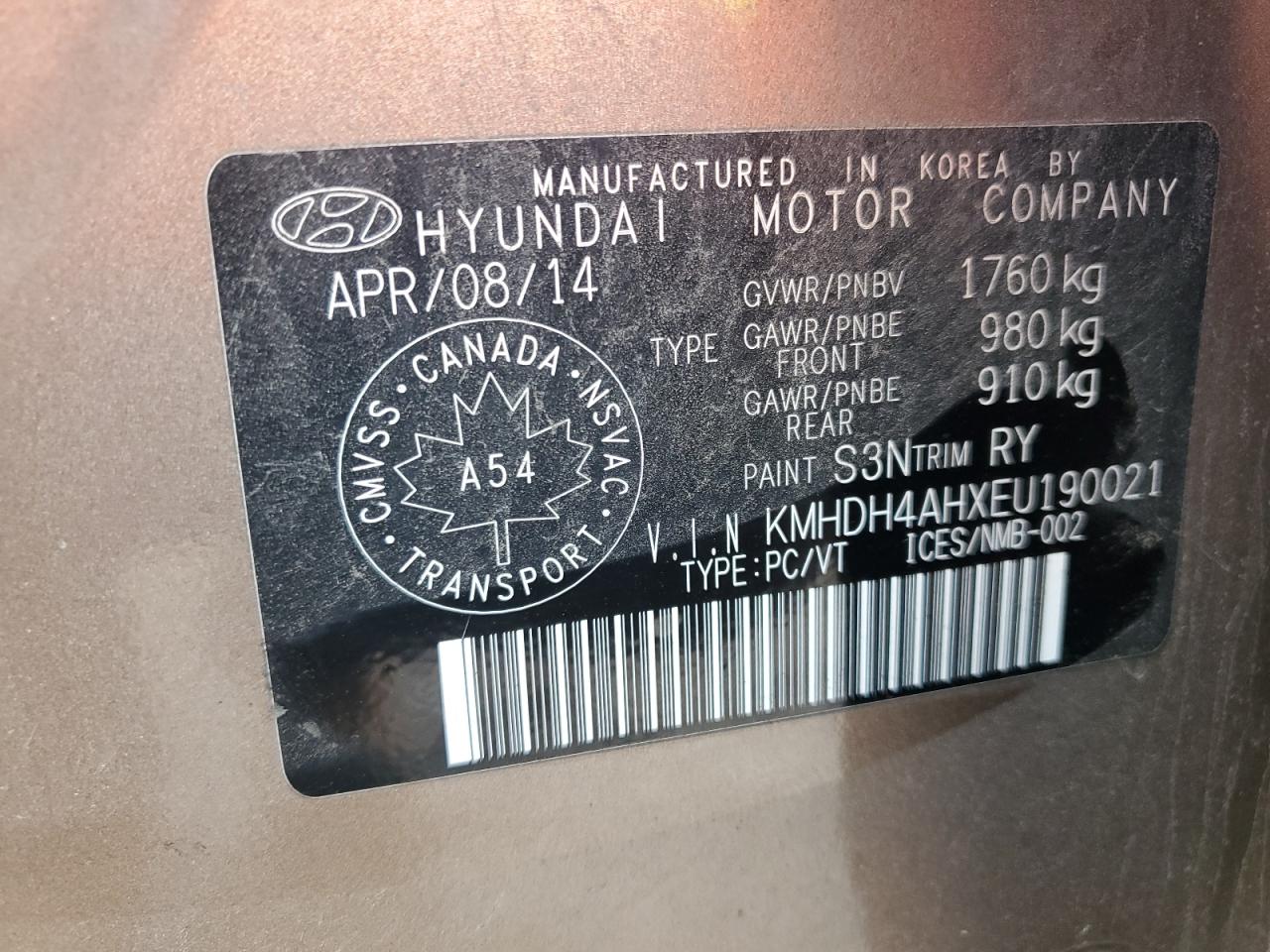 KMHDH4AHXEU190021 2014 Hyundai Elantra Se