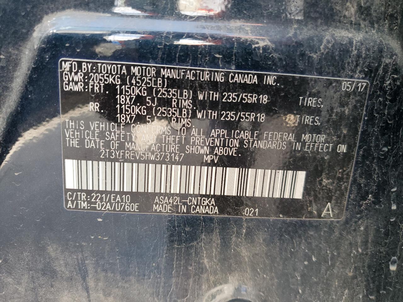 2T3YFREV5HW373147 TOYOTA RAV4 2017