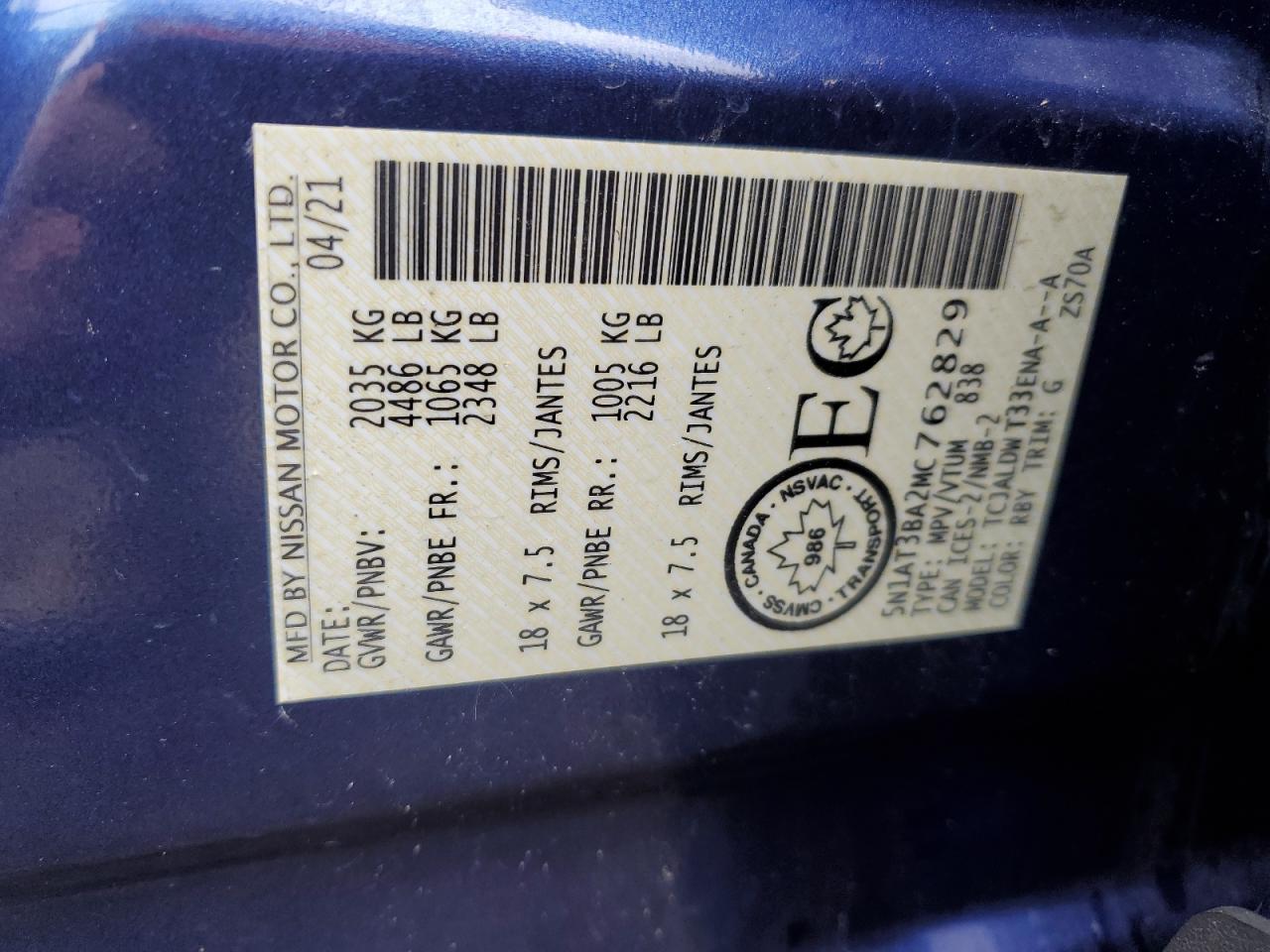 5N1AT3BA2MC762829 NISSAN ROGUE 2021