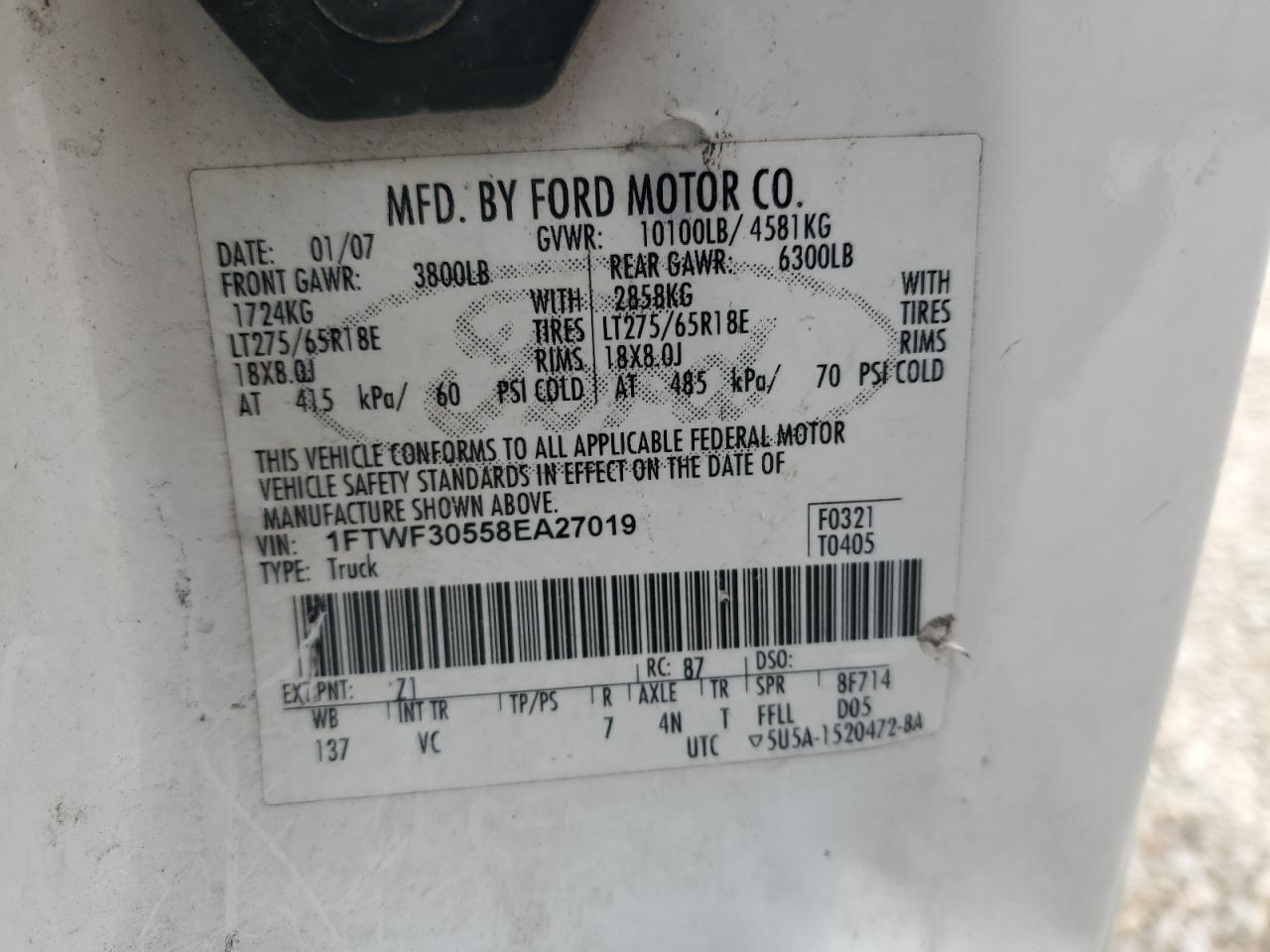 1FTWF30558EA27019 2008 Ford F350 Srw Super Duty