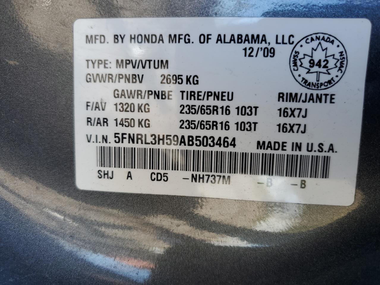 5FNRL3H59AB503464 2010 Honda Odyssey Ex