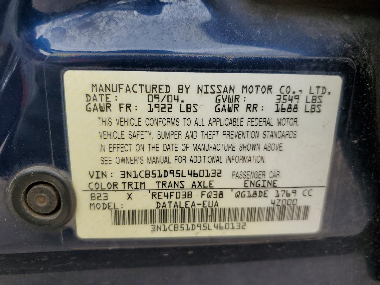 3N1CB51D95L460132 2005 Nissan Sentra 1.8