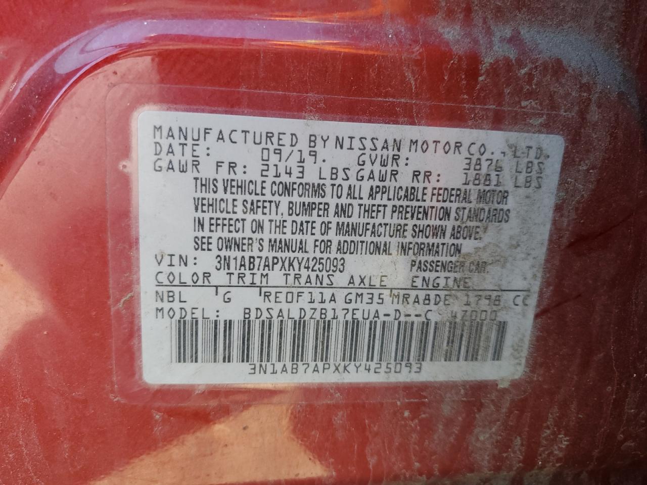 3N1AB7APXKY425093 NISSAN SENTRA 2019