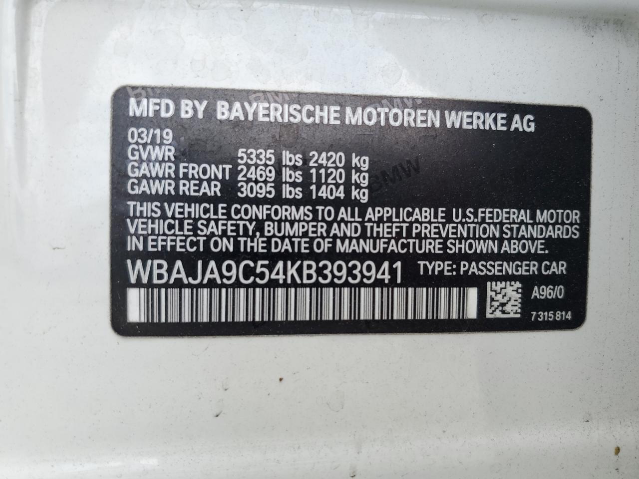 WBAJA9C54KB393941 2019 BMW 530E