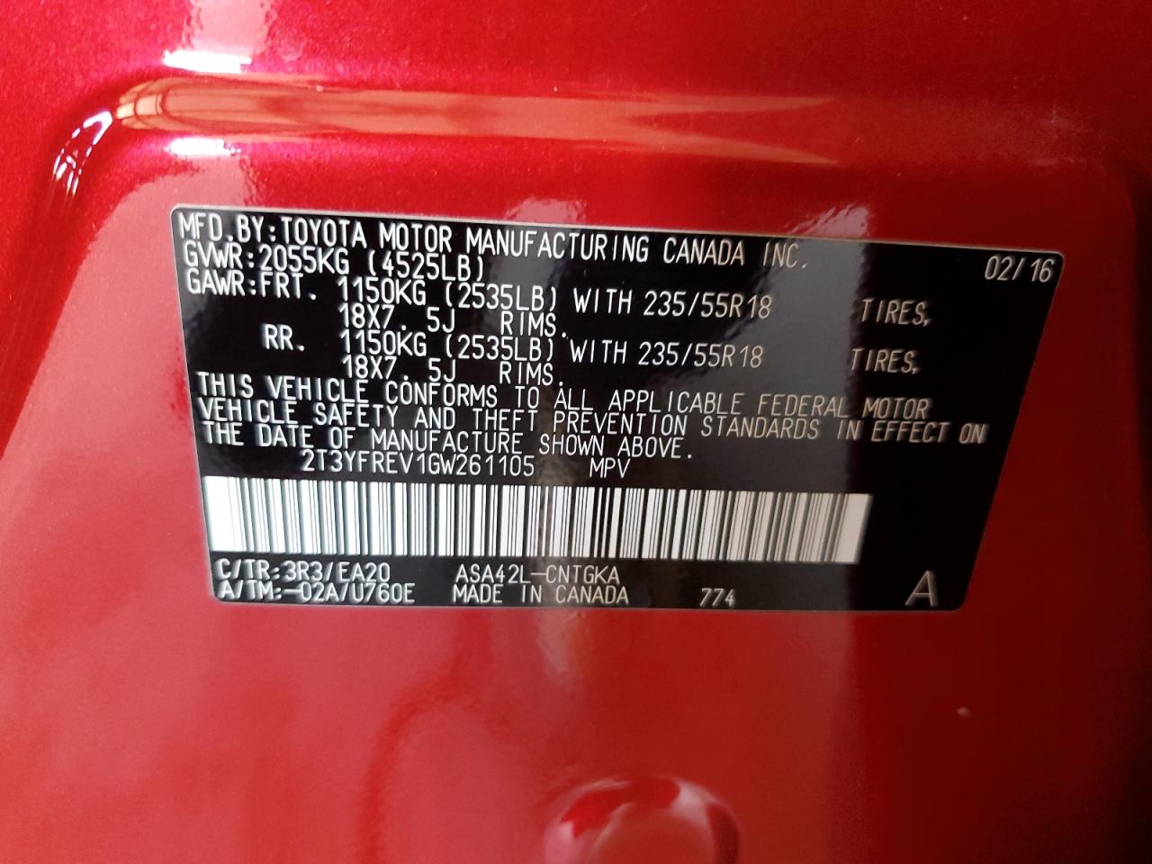 2T3YFREV1GW261105 TOYOTA RAV4 2016