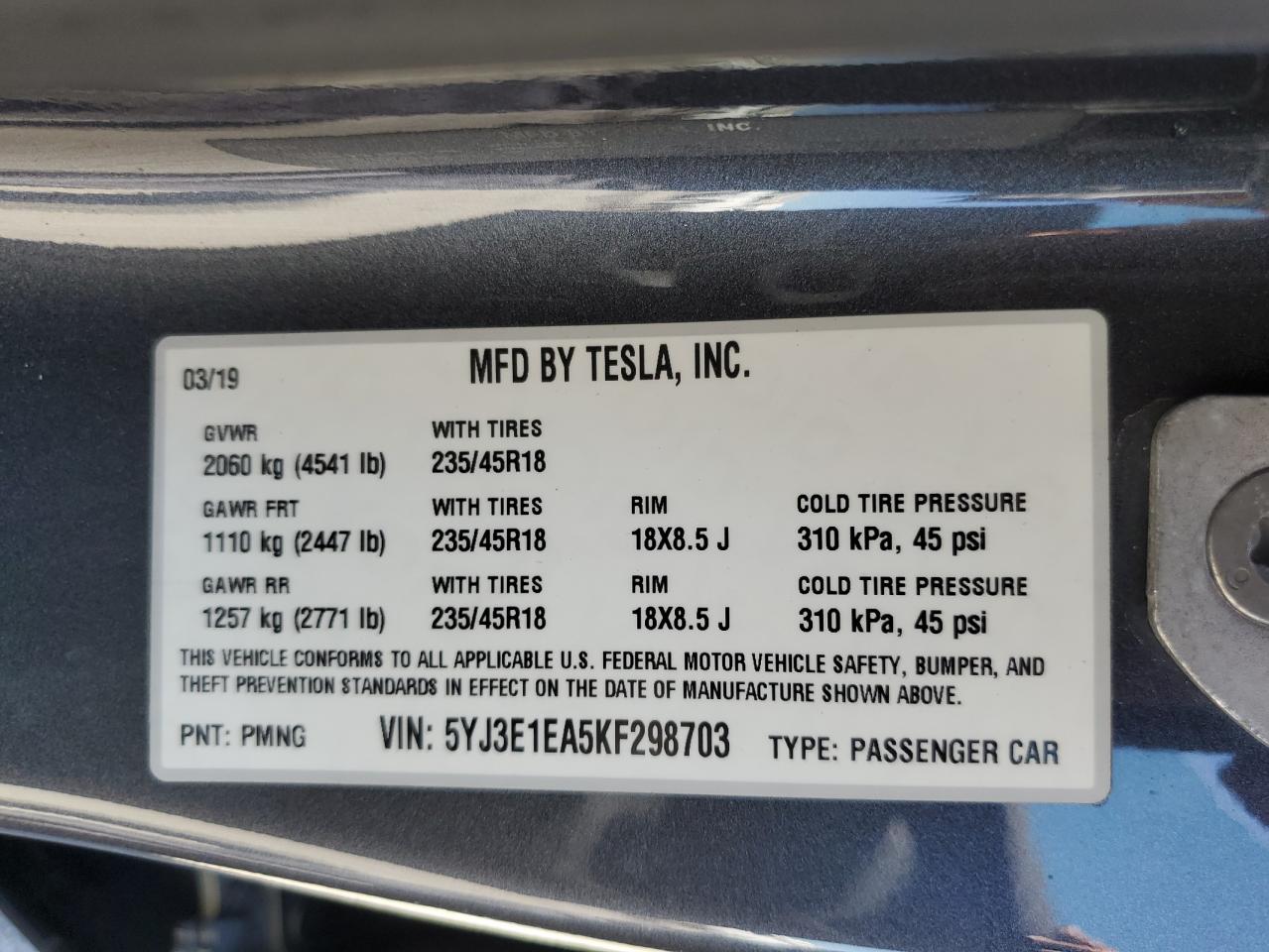 5YJ3E1EA5KF298703 2019 Tesla Model 3