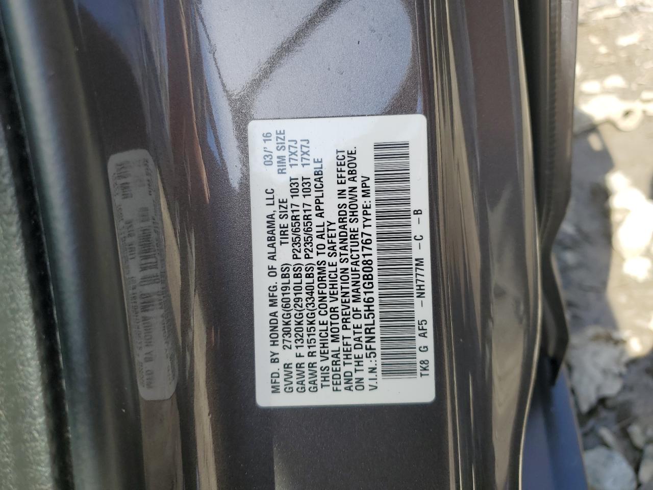 5FNRL5H61GB081767 2016 Honda Odyssey Exl