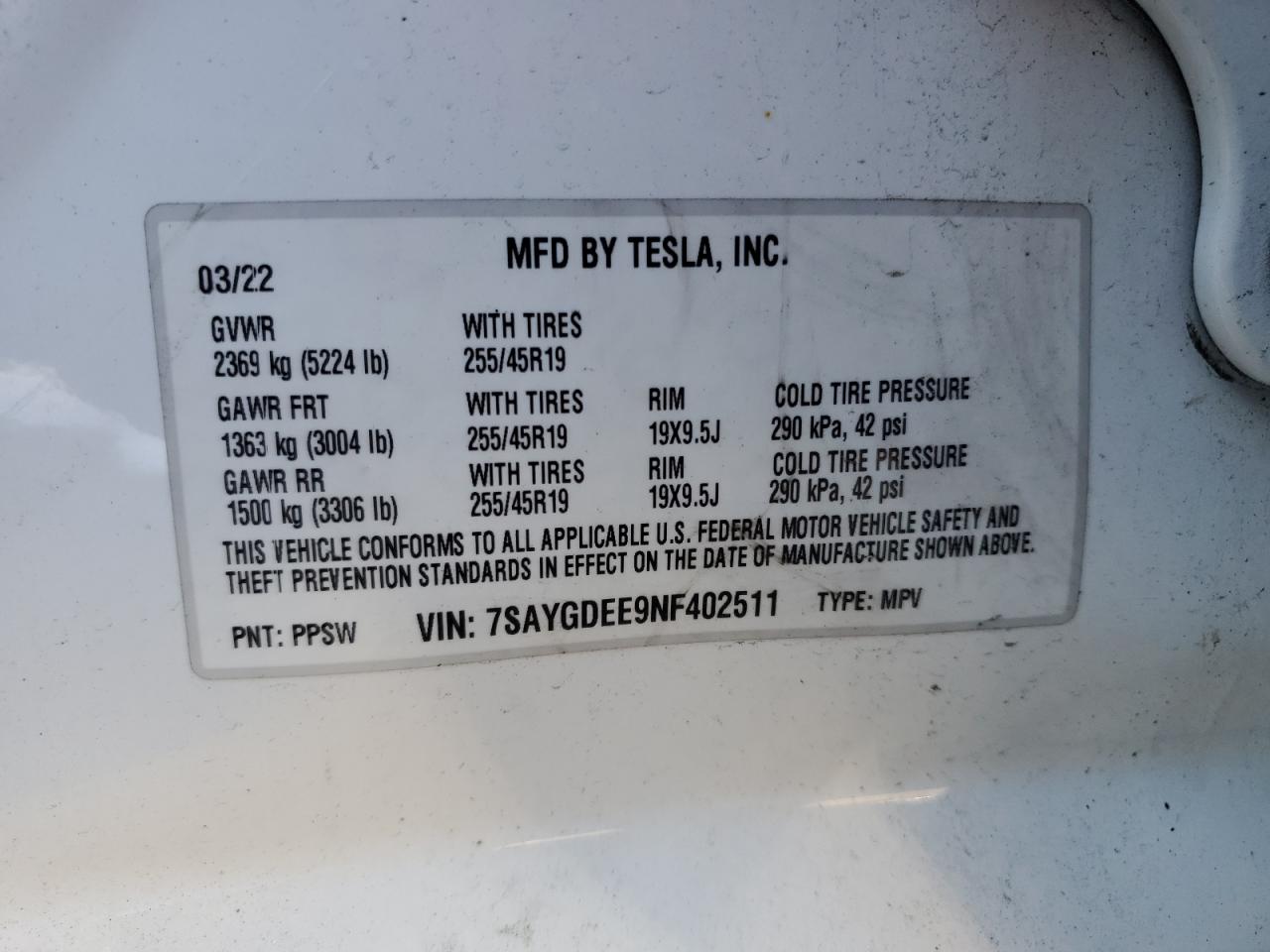 7SAYGDEE9NF402511 2022 Tesla Model Y