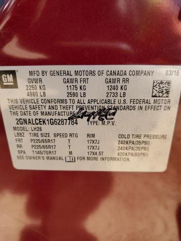 2016 Chevrolet Equinox Lt VIN: 2GNALCEK1G6287784 Lot: 49788764