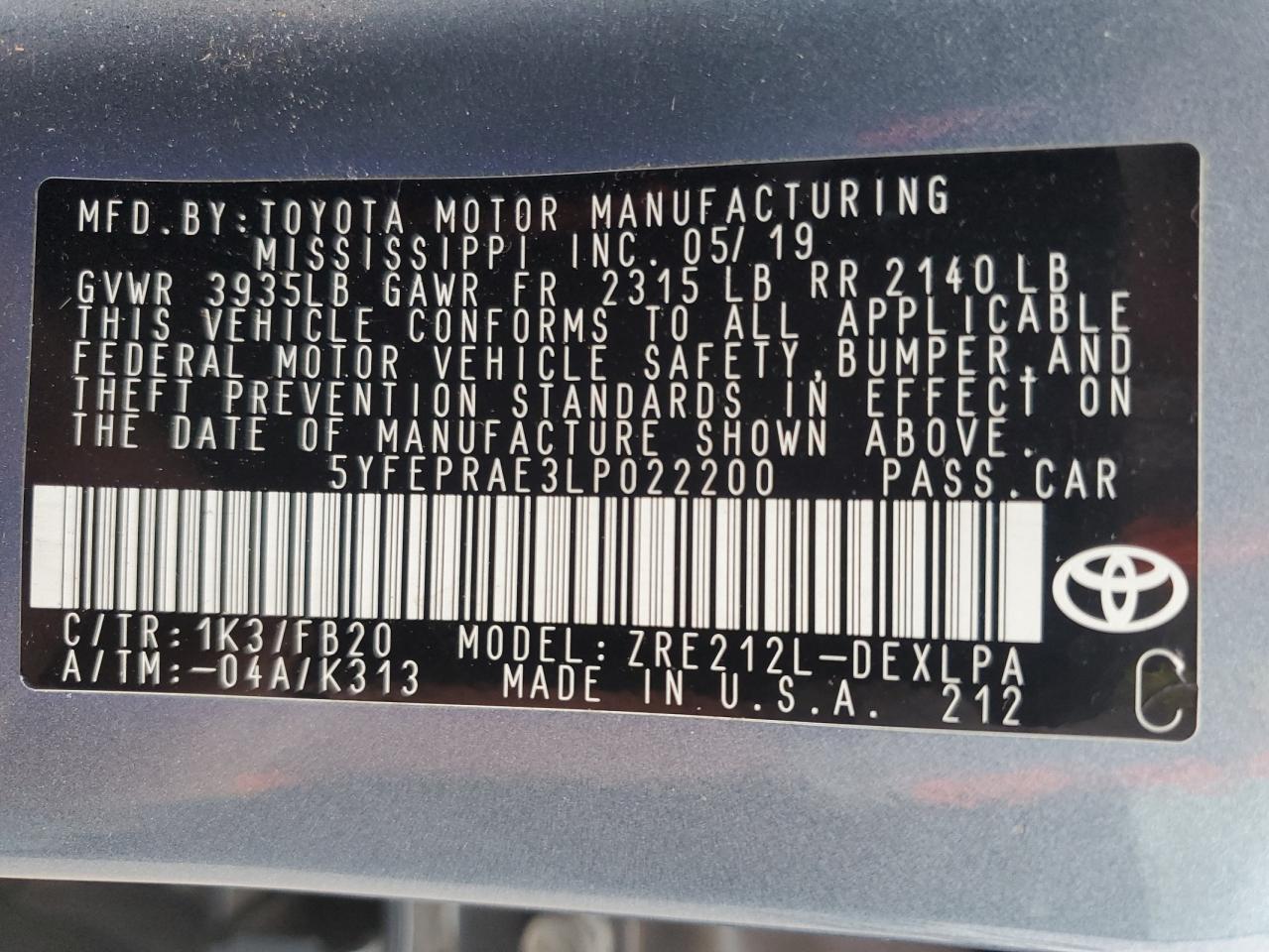 5YFEPRAE3LP022200 TOYOTA COROLLA 2020