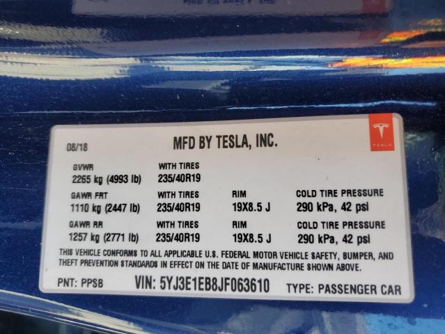 2018 Tesla Model 3 VIN: 5YJ3E1EB8JF063610 Lot: 51664974