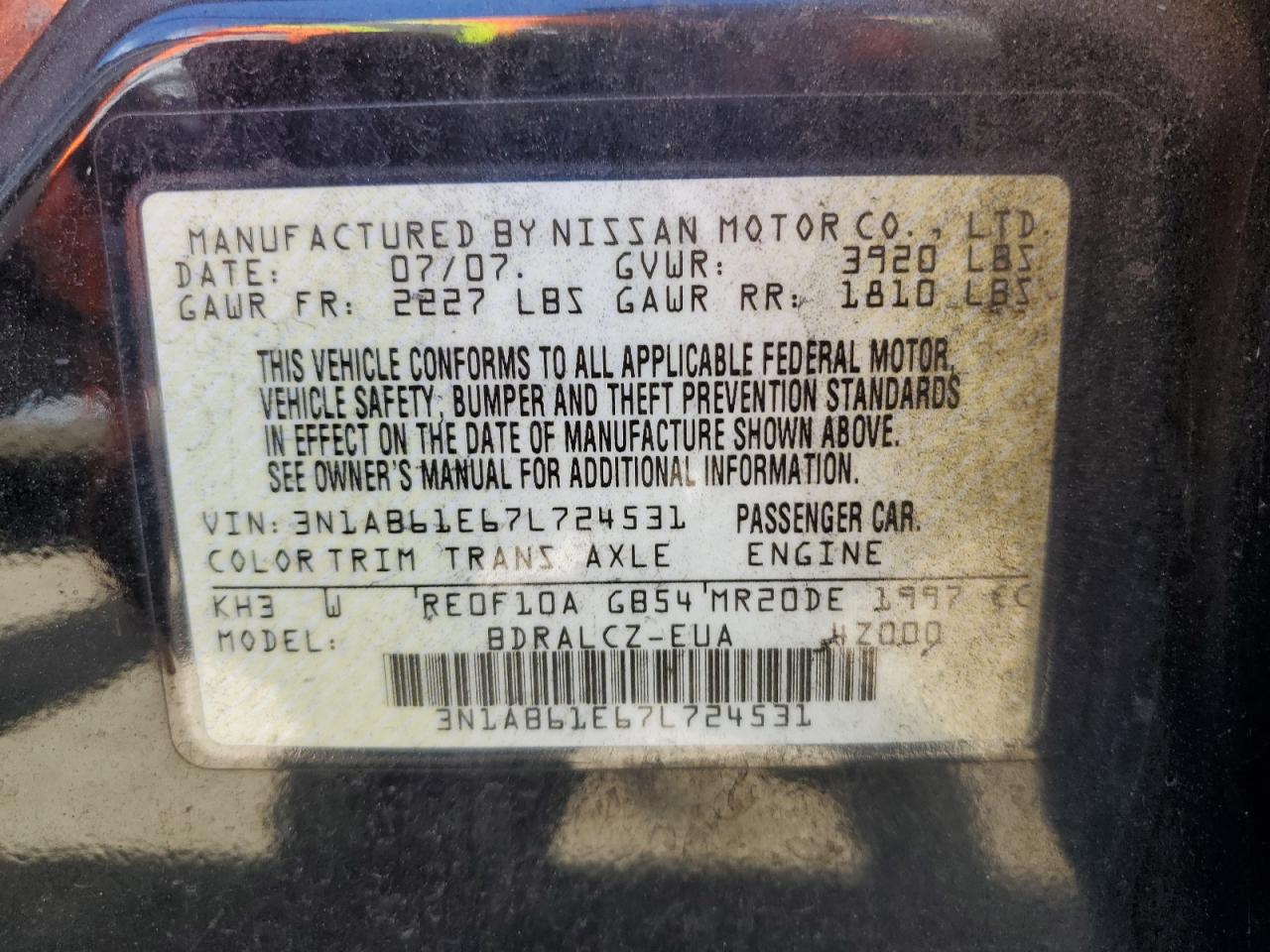 3N1AB61E67L724531 2007 Nissan Sentra 2.0