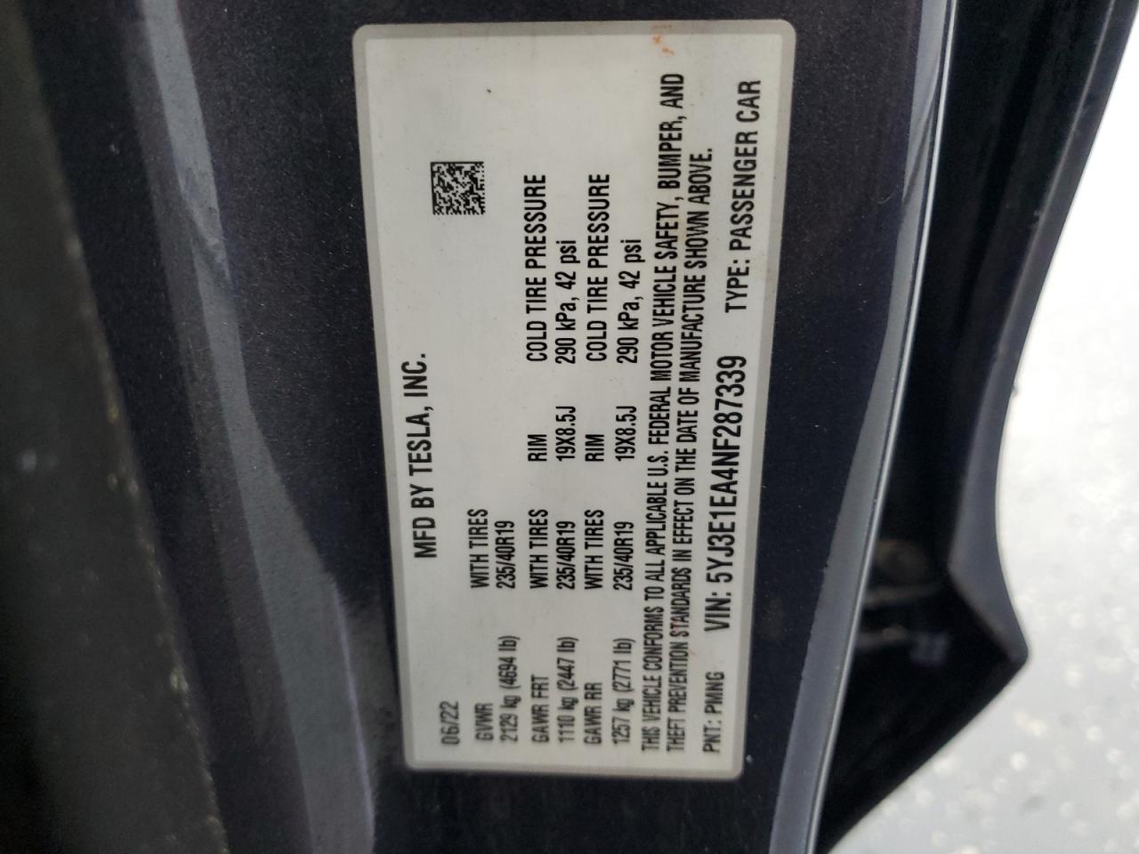 5YJ3E1EA4NF287339 2022 Tesla Model 3