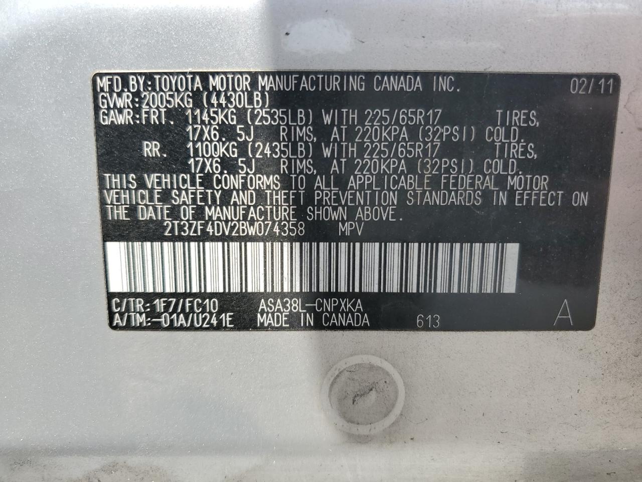 2T3ZF4DV2BW074358 2011 Toyota Rav4