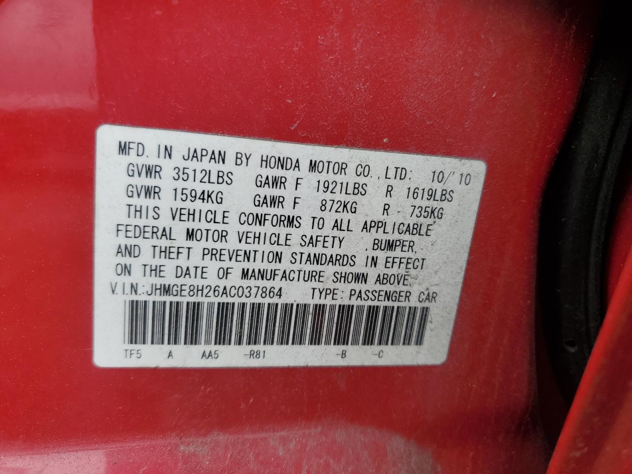 JHMGE8H26AC037864 2010 Honda Fit