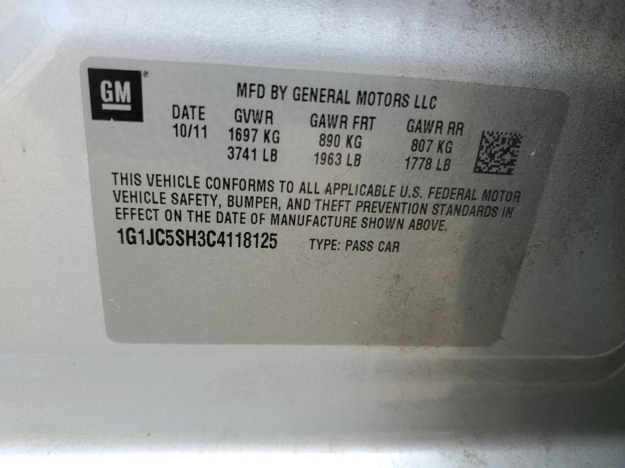 1G1JC5SH3C4118125 2012 Chevrolet Sonic Lt