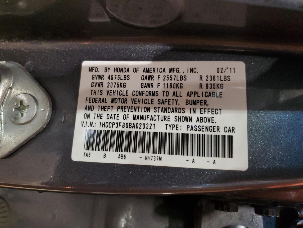 1HGCP3F80BA020321 2011 Honda Accord Exl