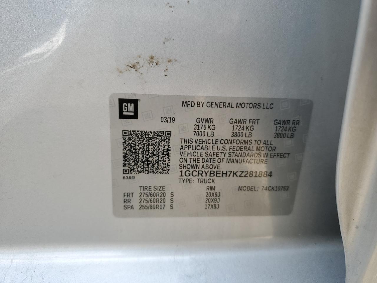 1GCRYBEH7KZ281884 CHEVROLET ALL Models 2019