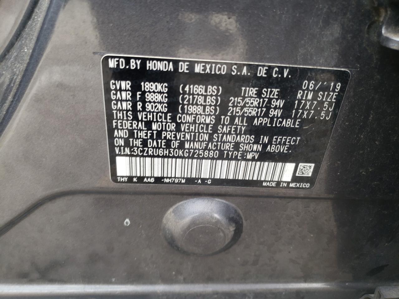 3CZRU6H30KG725880 2019 Honda Hr-V Lx