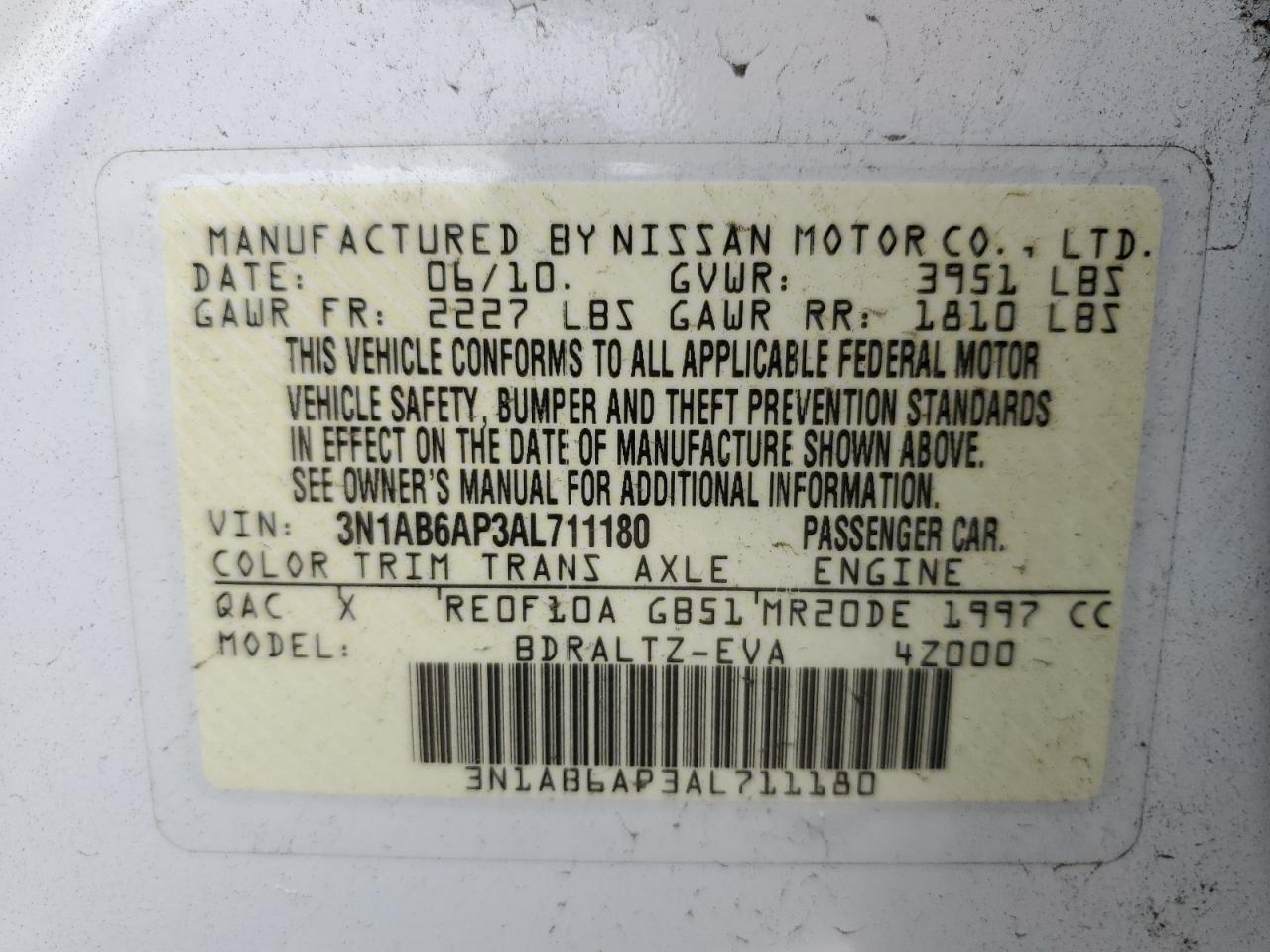 3N1AB6AP3AL711180 2010 Nissan Sentra 2.0