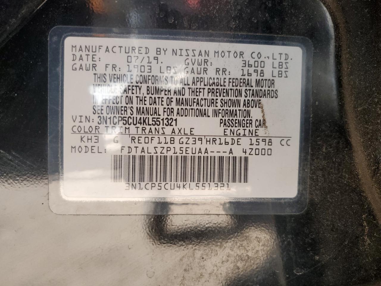 3N1CP5CU4KL551321 2019 Nissan Kicks S