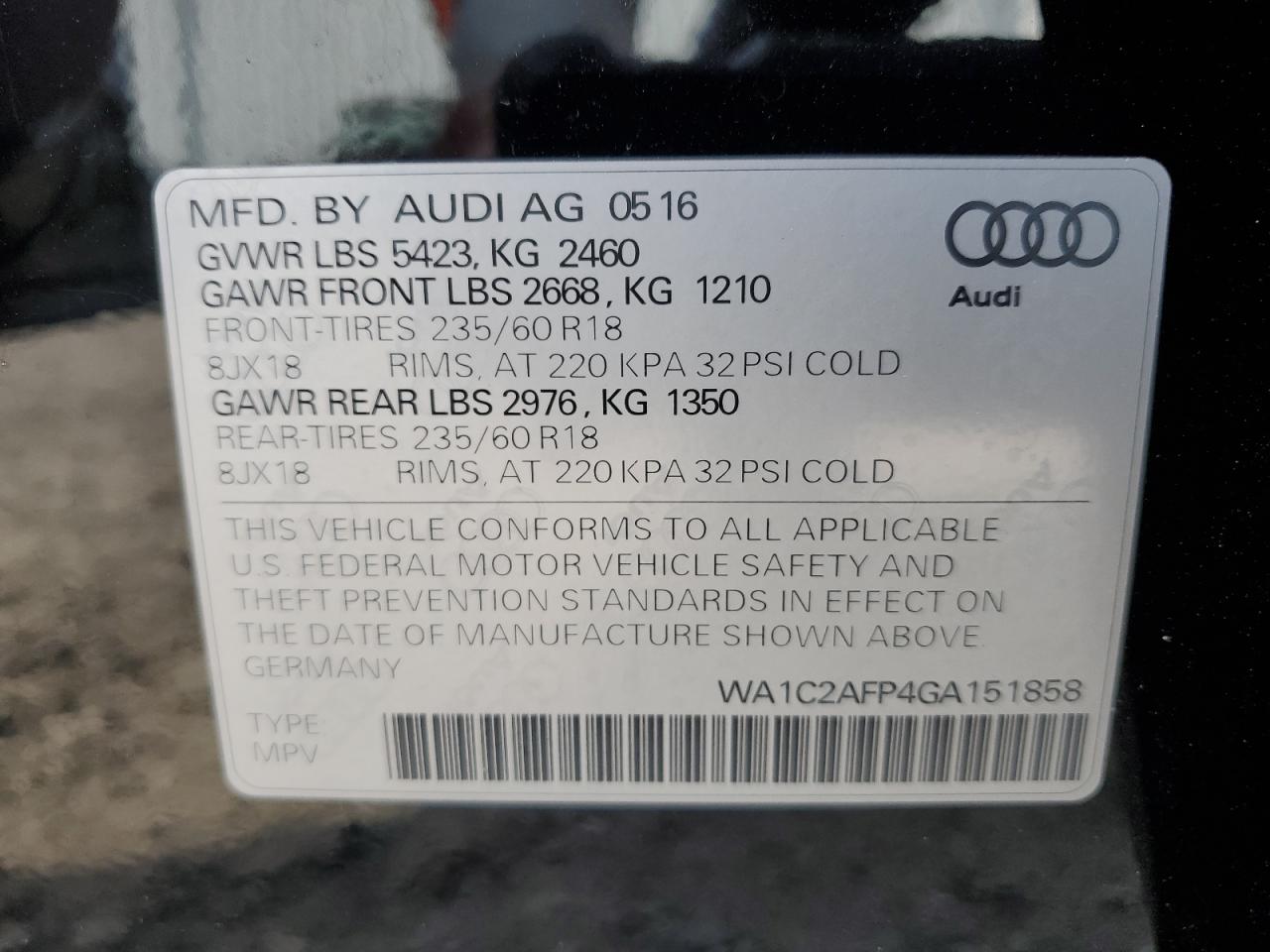 2016 Audi Q5 Premium vin: WA1C2AFP4GA151858